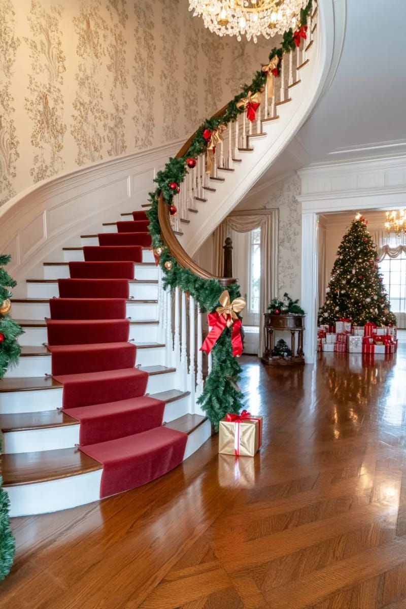 garland-wrapped banister with twinkling fairy lights and satin bows 1