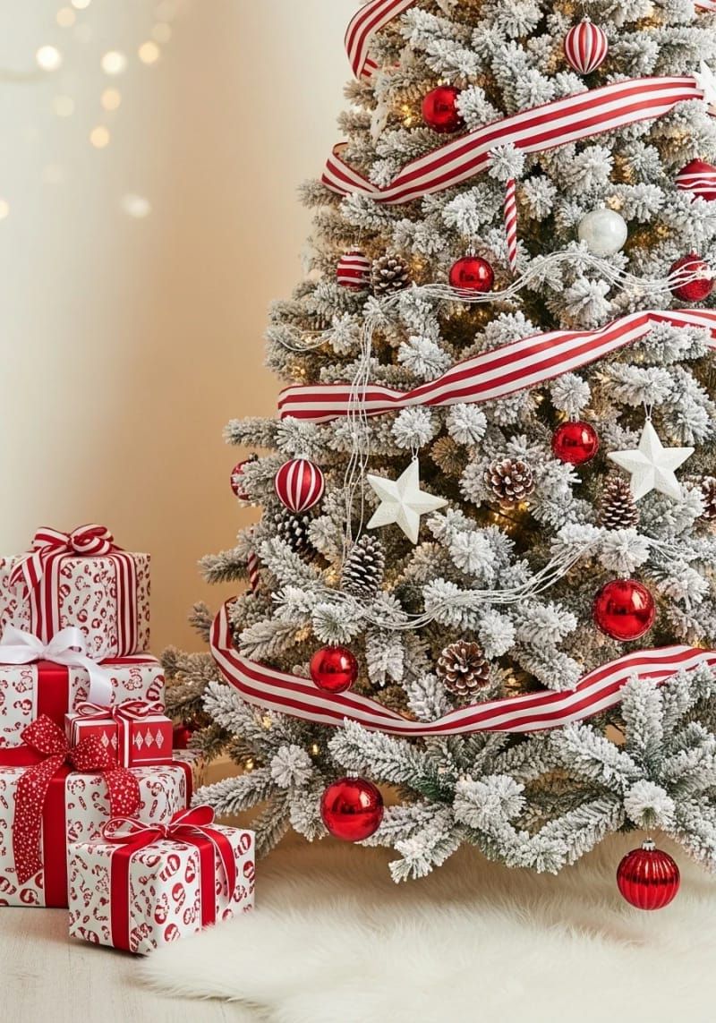 red-and-white striped ribbon garland on a snowy white tree 1