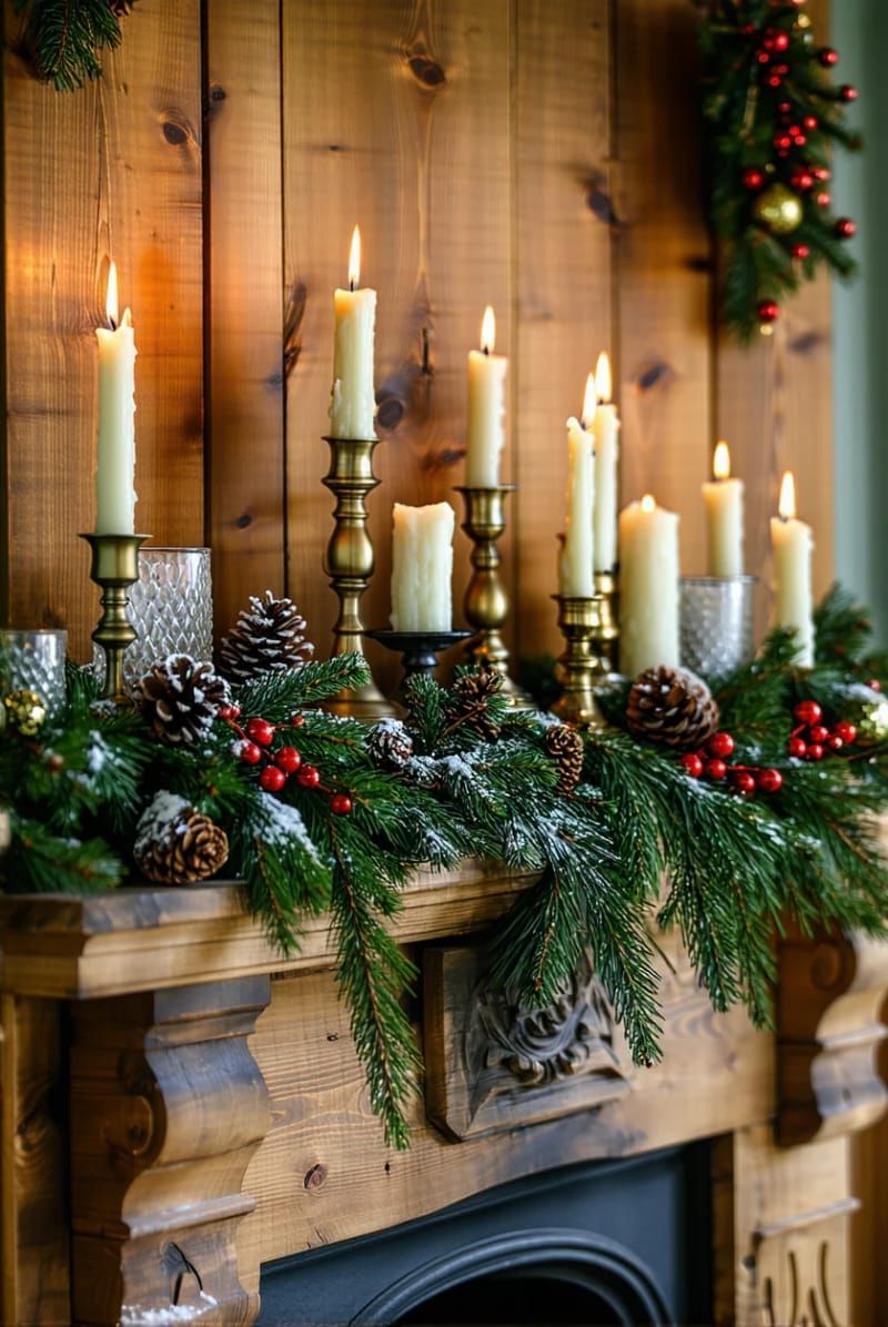 brass candlesticks and pillar candles on a rustic wooden mantel 1