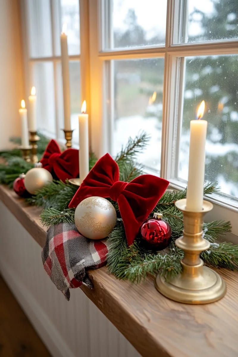 candlelit windowsills framed with sprigs of cedar and red bows 1