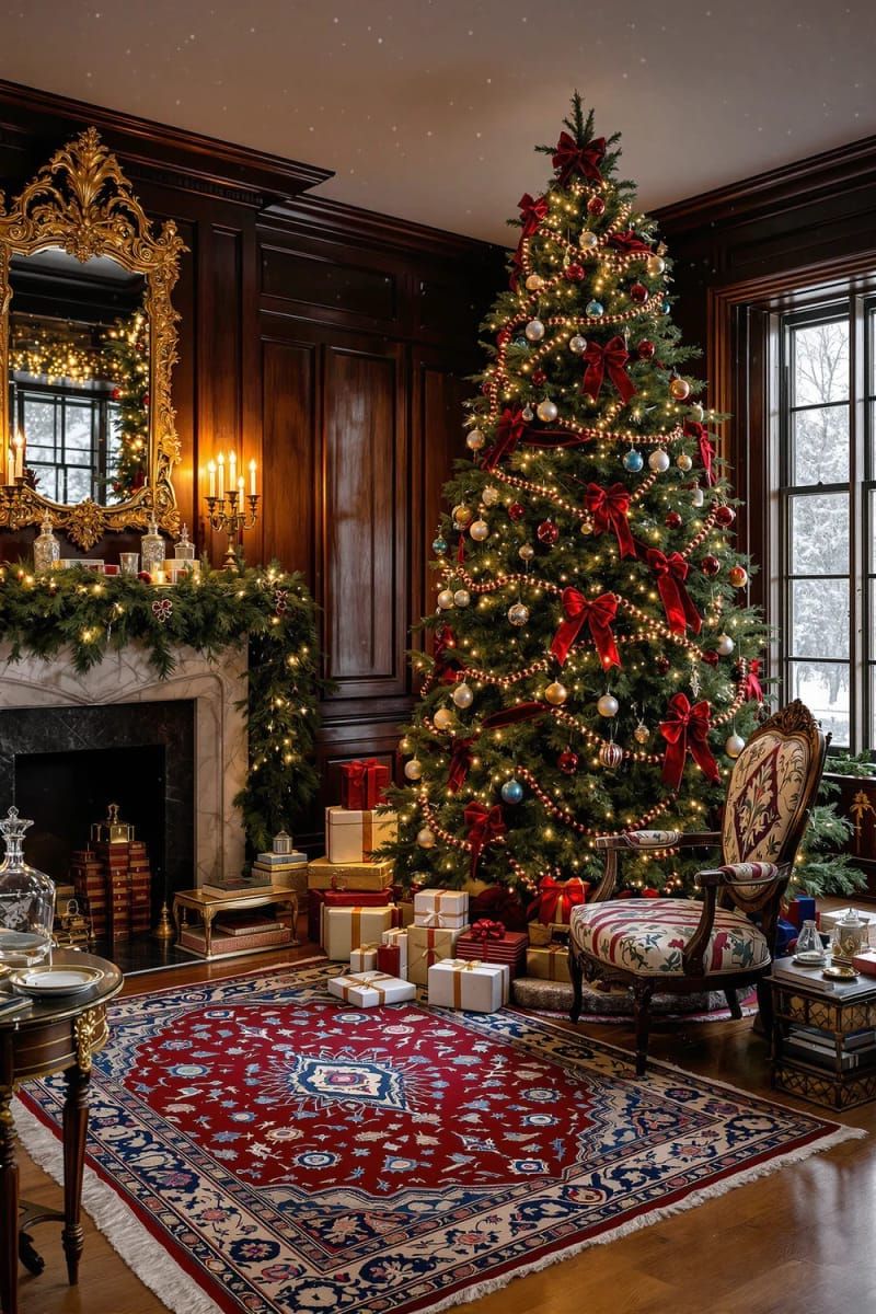 parlor scene with a richly decorated tree and persian rug 1