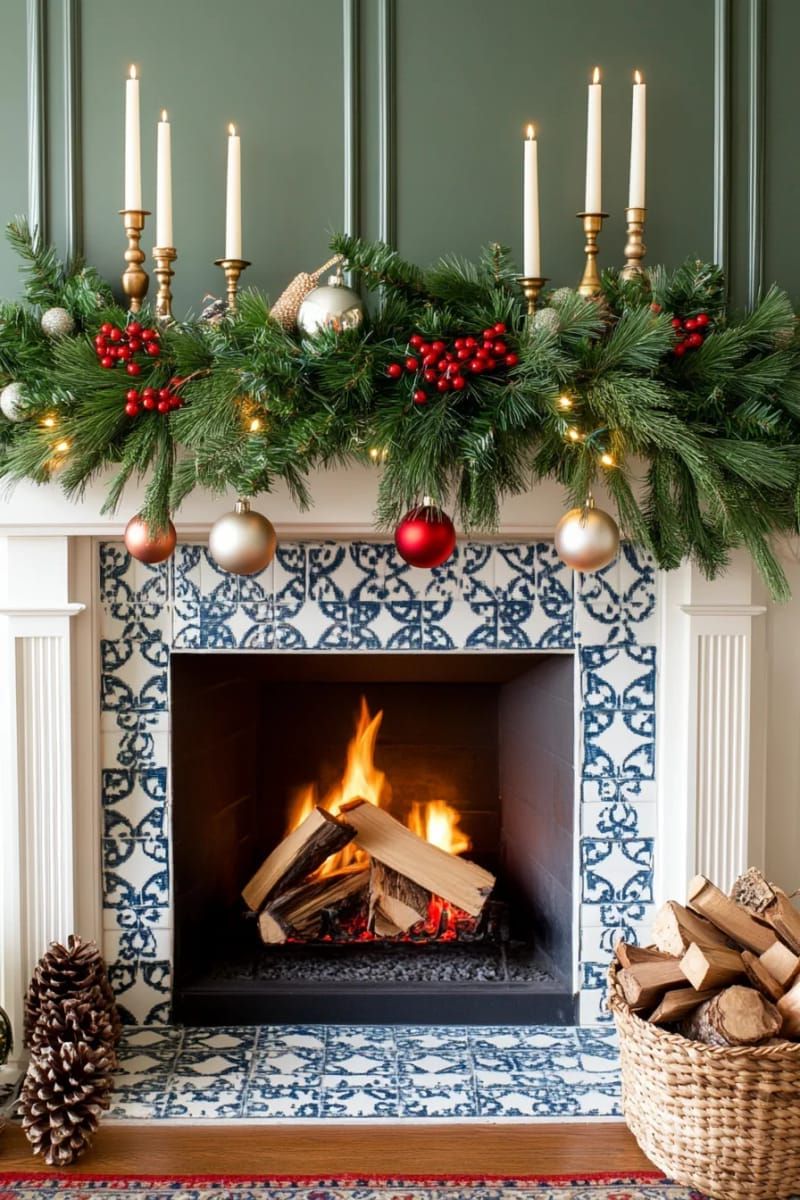fireplace tiles adorned with seasonal greenery and berries 1