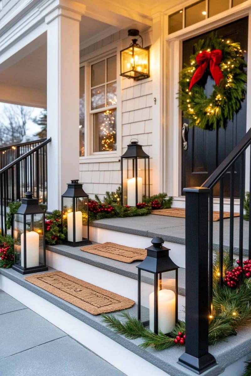 black lanterns with pillar candles and sprigs of fir on the porch 1