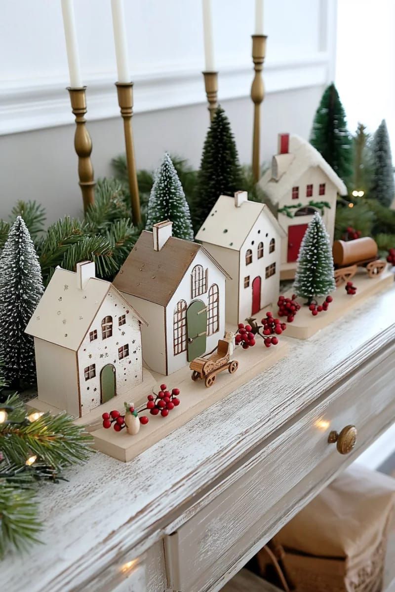 traditional christmas village display on a vintage sideboard 1