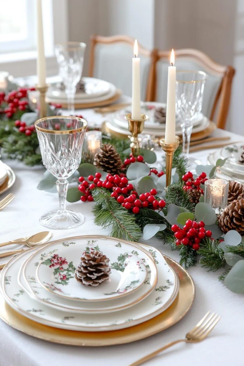red berries intertwined with eucalyptus on a holiday dining table 1