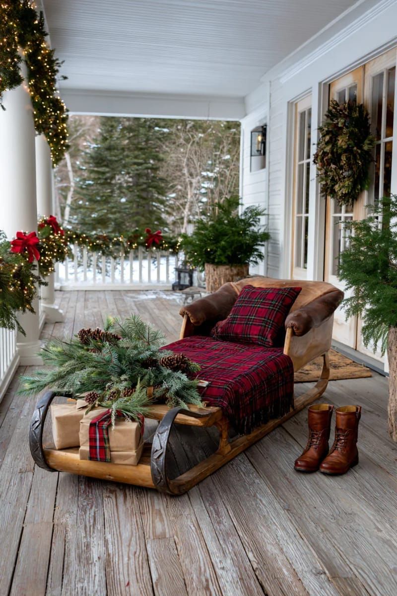 antique sleigh with plaid blankets and pine branches on the porch 1