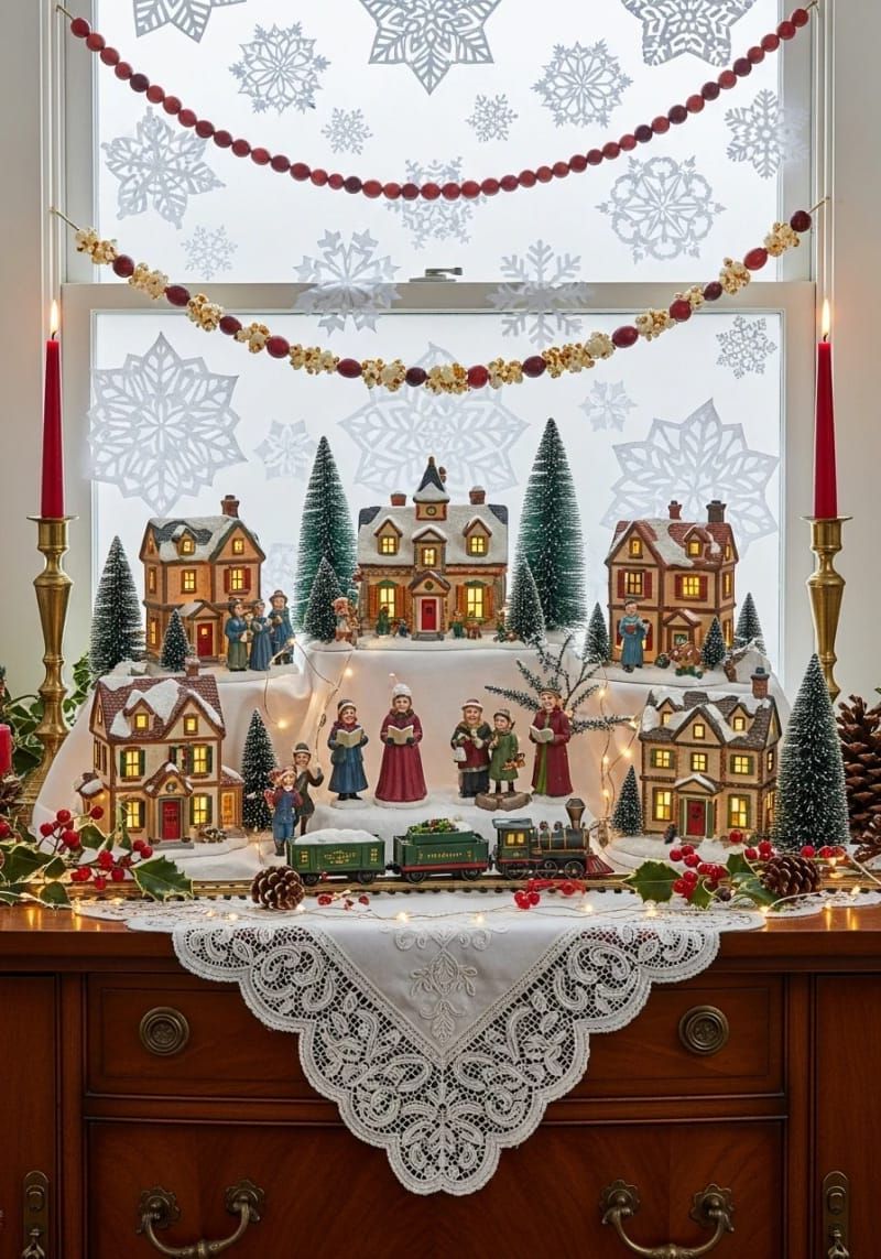 traditional christmas village display on a vintage sideboard 1