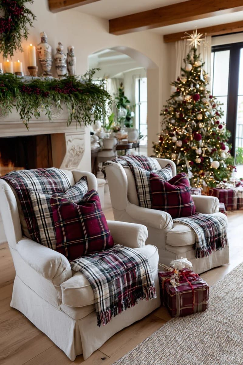 classic tartan plaid throw pillows and blankets on cozy armchairs 1