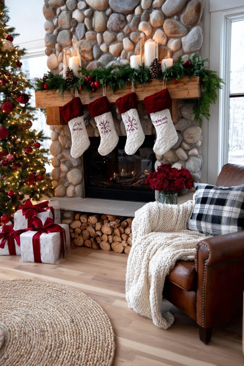 old-fashioned christmas stockings with embroidered names hanging by the hearth 1