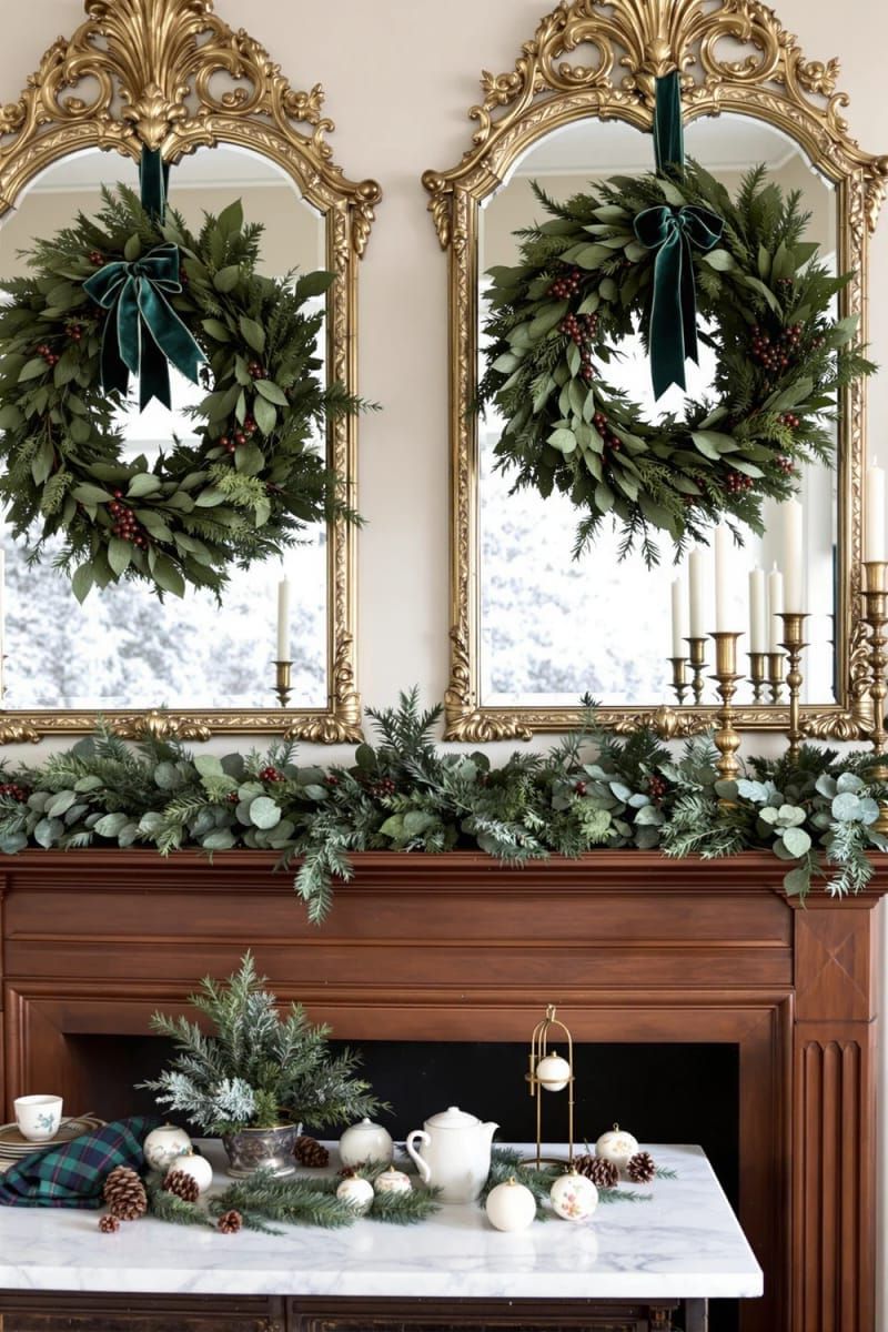 fresh greenery wreaths with velvet ribbon on antique mirrors 1