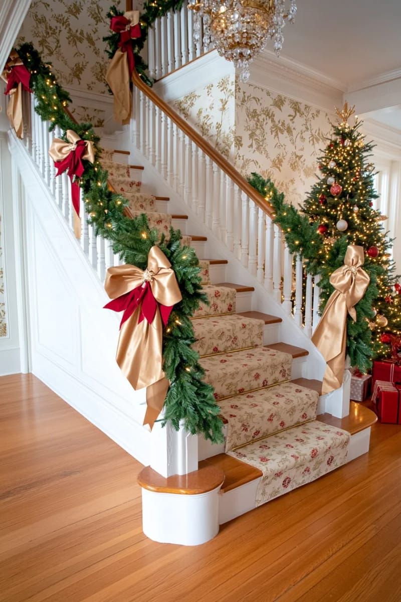 garland-wrapped banister with twinkling fairy lights and satin bows 1