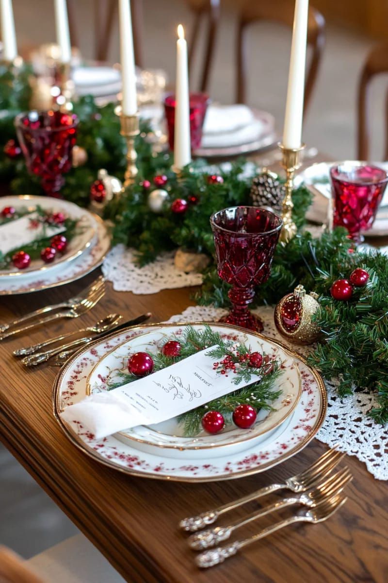 victorian-inspired place settings with cranberry glassware 1