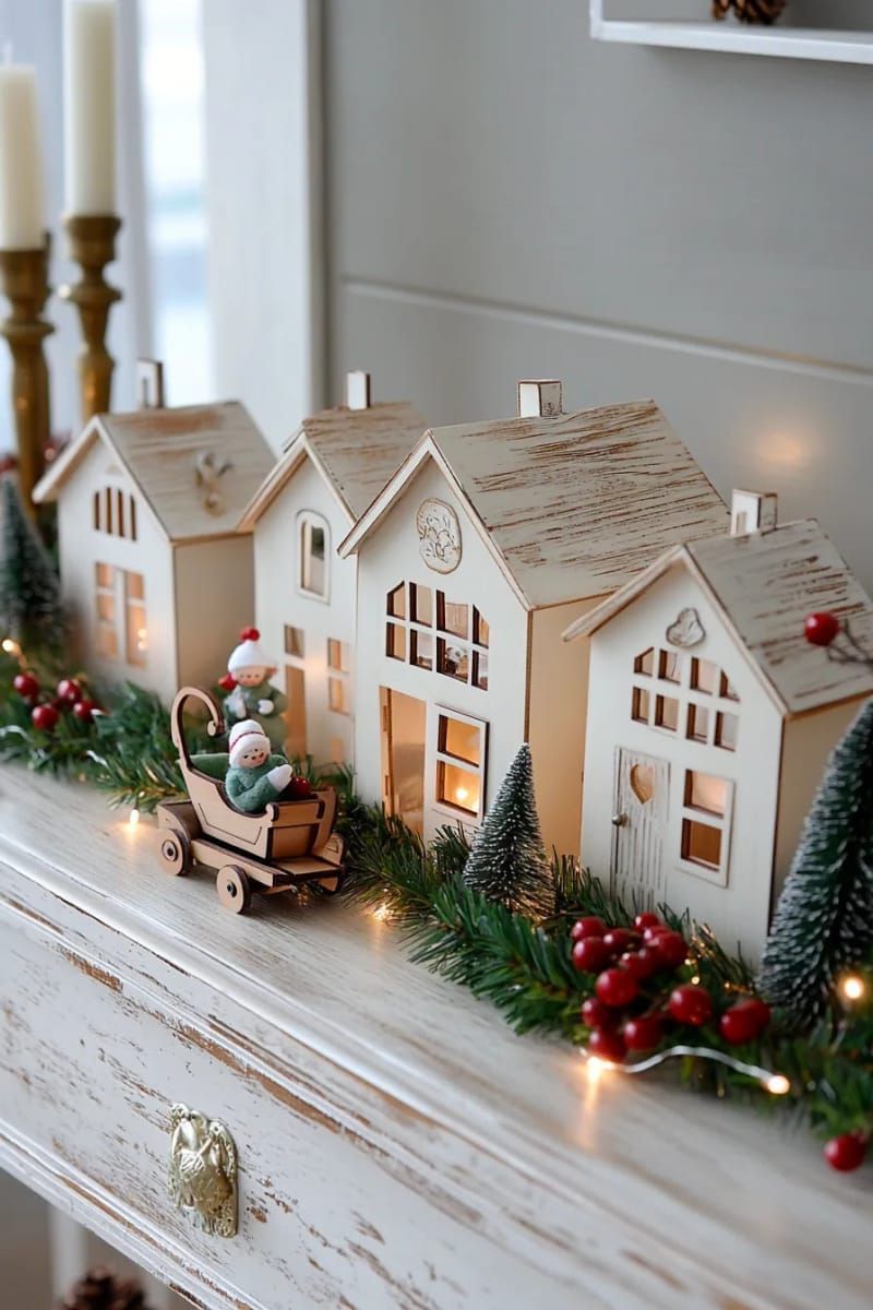 traditional christmas village display on a vintage sideboard 1