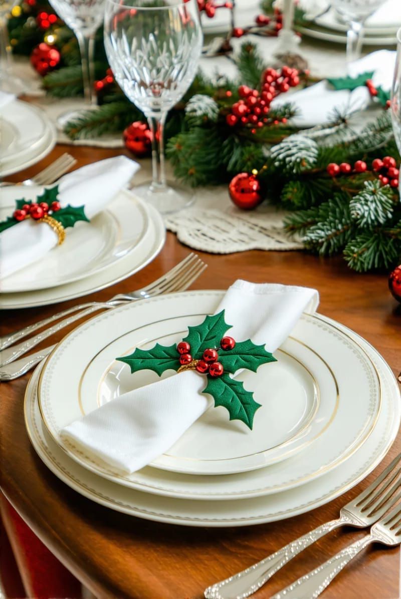 gold-edged dinner plates with holly napkin rings for festive table settings 1
