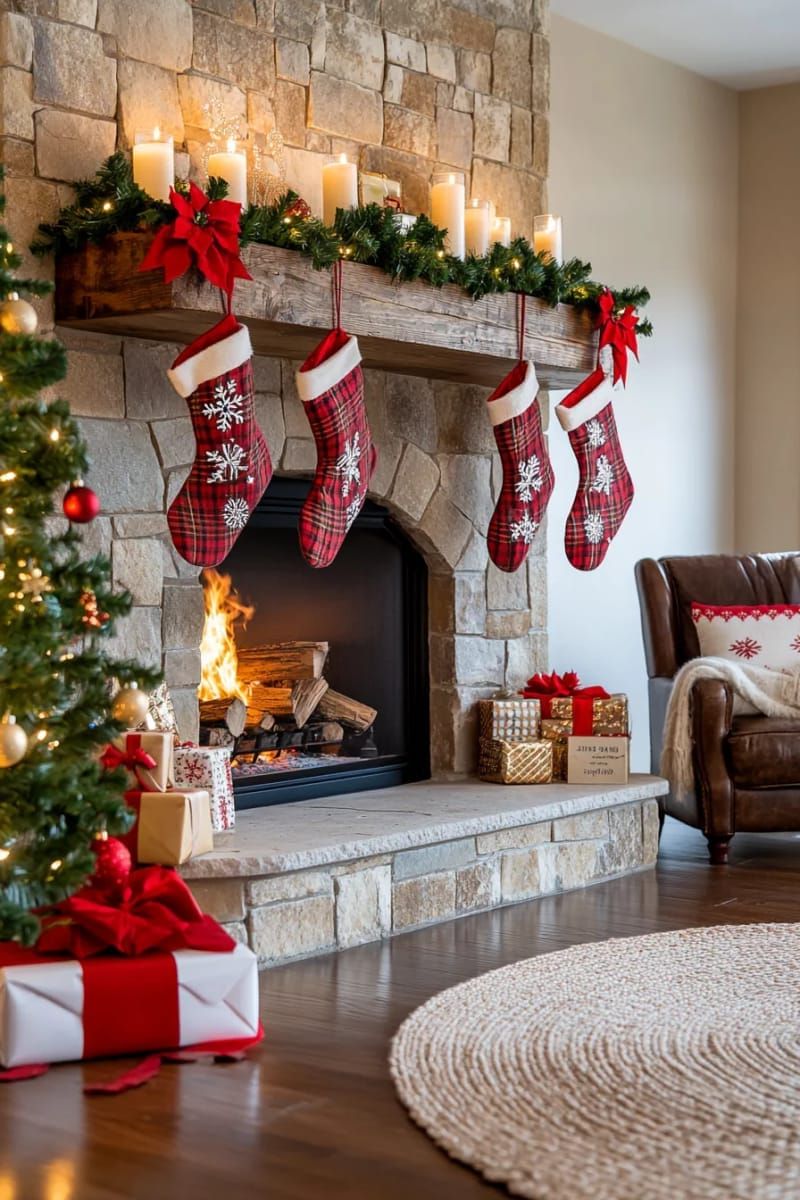 old-fashioned christmas stockings with embroidered names hanging by the hearth 1