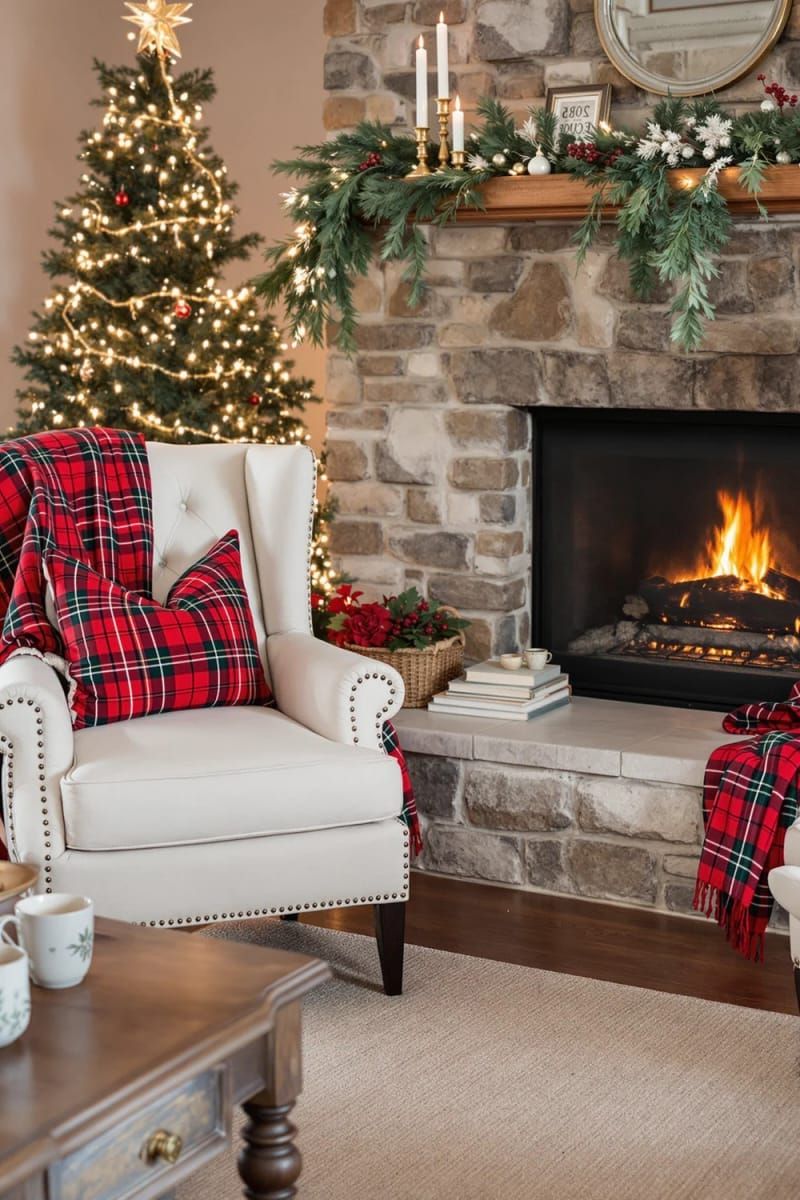 classic tartan plaid throw pillows and blankets on cozy armchairs 1