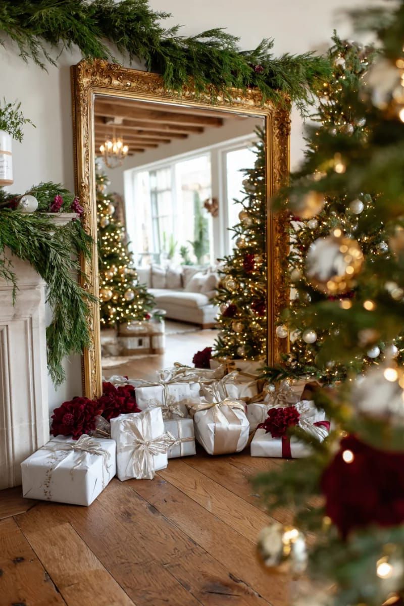 elegant gold-framed mirror reflecting a twinkling christmas tree 1