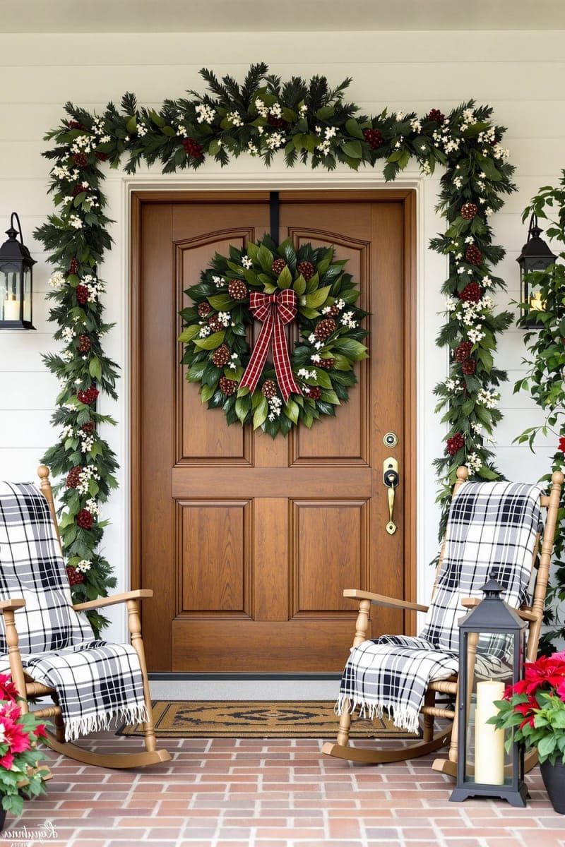 wreath of pinecones and magnolia leaves with plaid accents 1