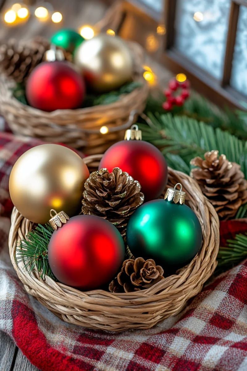 wicker baskets filled with vintage glass ornaments and pinecones 1