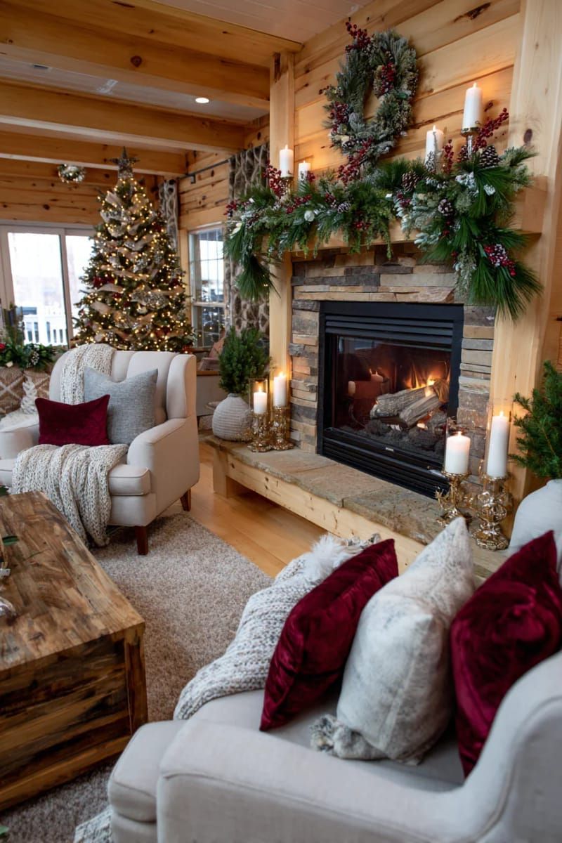 brass candlesticks and pillar candles on a rustic wooden mantel 1