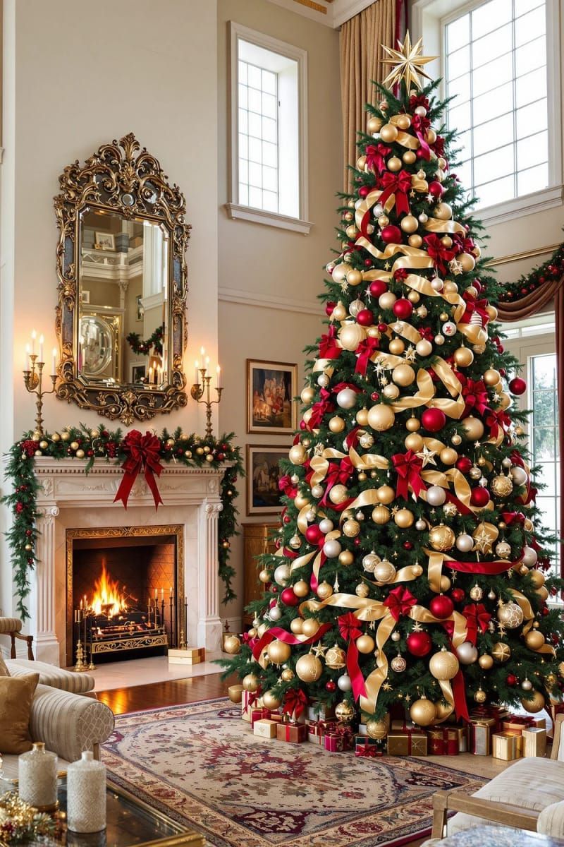 gold and crimson baubles on a stately fir tree 1