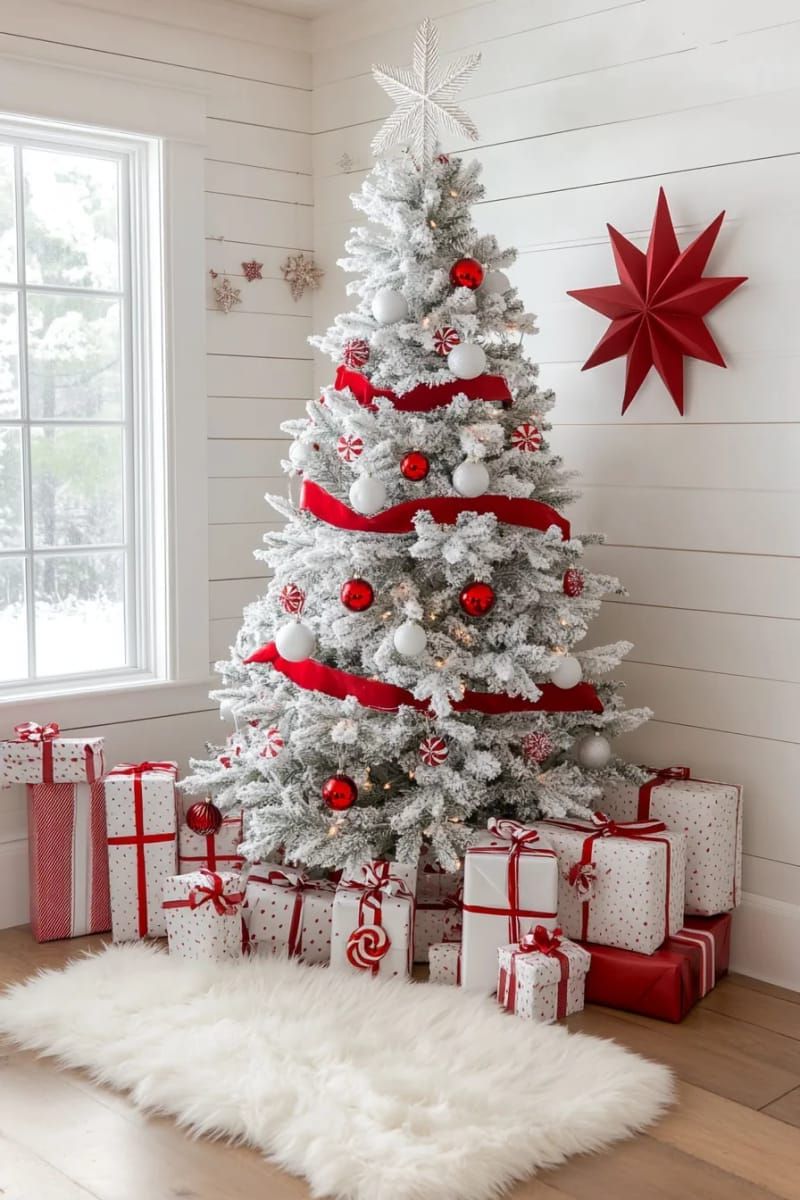 red-and-white striped ribbon garland on a snowy white tree 1