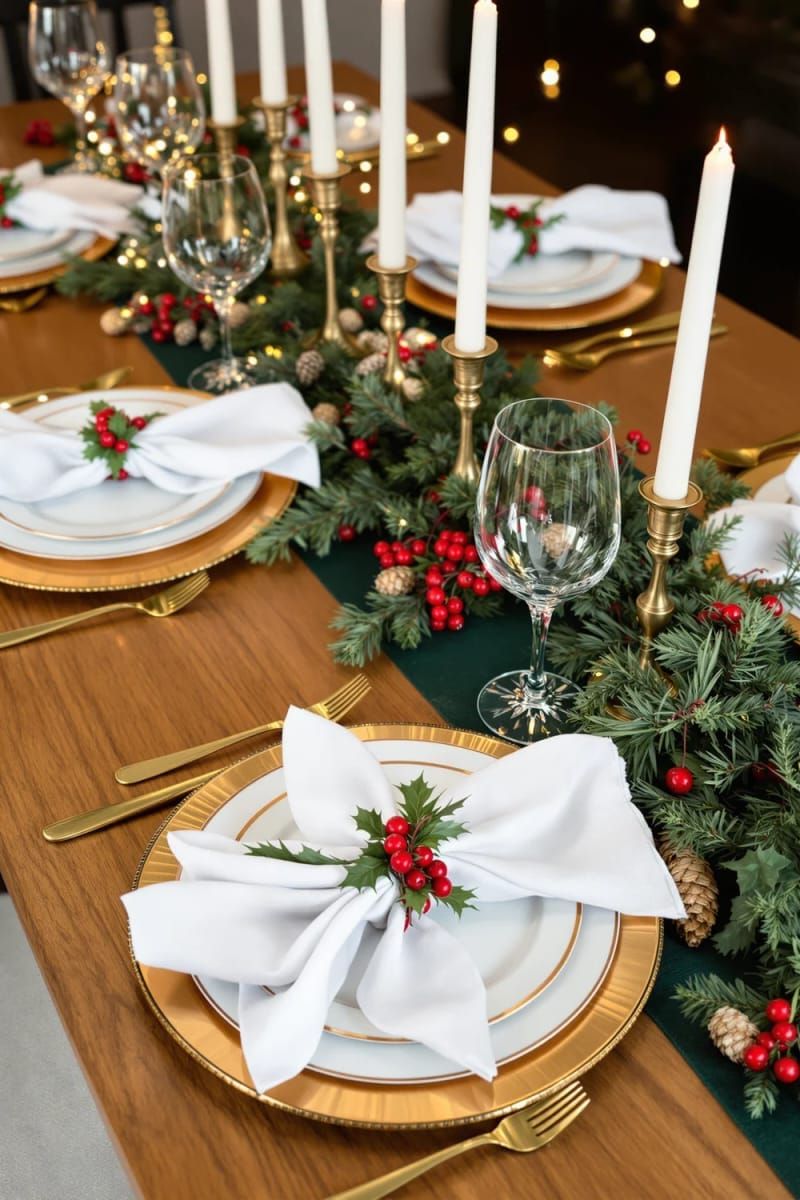gold-edged dinner plates with holly napkin rings for festive table settings 1