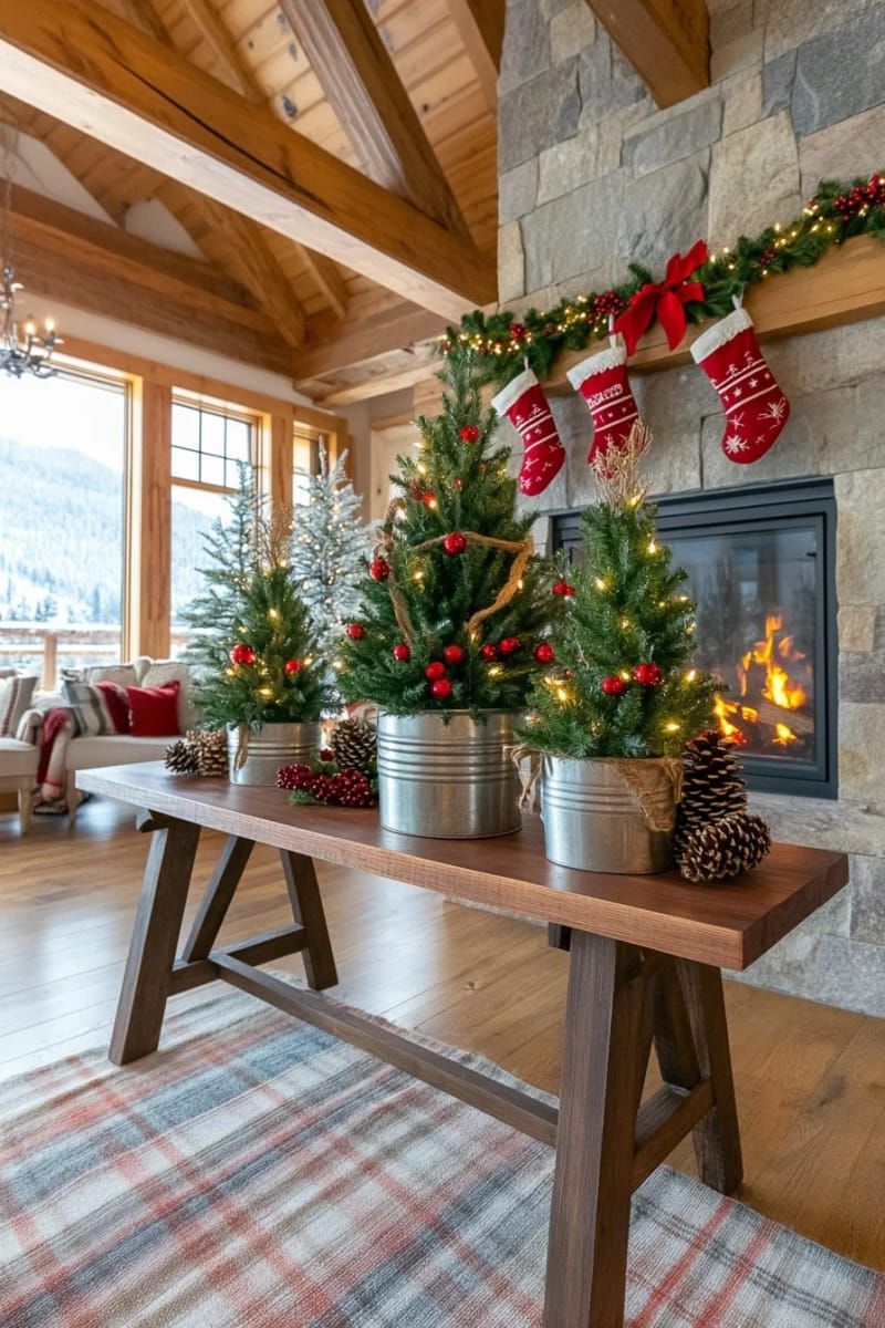 miniature christmas trees in galvanized buckets for a farmhouse touch 1