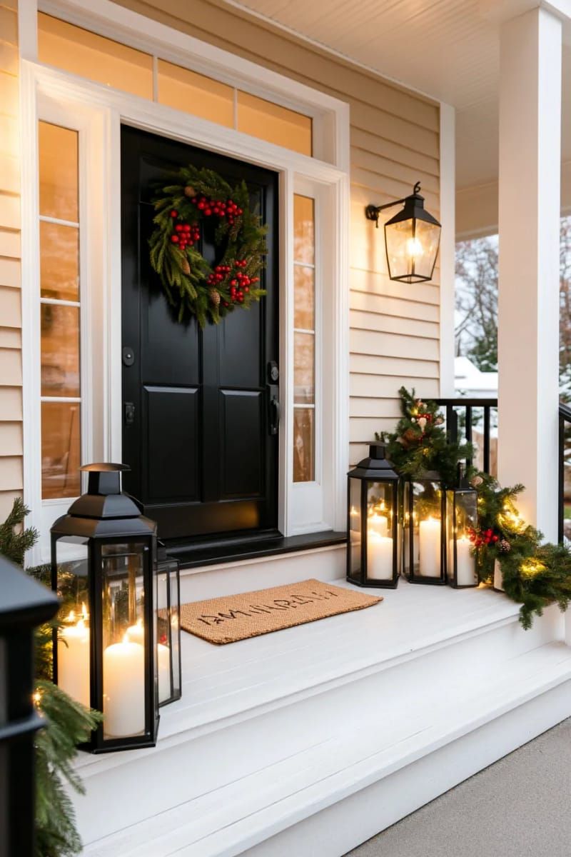 black lanterns with pillar candles and sprigs of fir on the porch 1