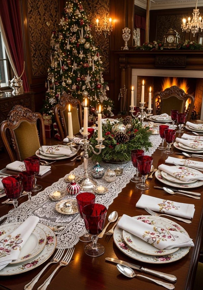 victorian-inspired place settings with cranberry glassware 1