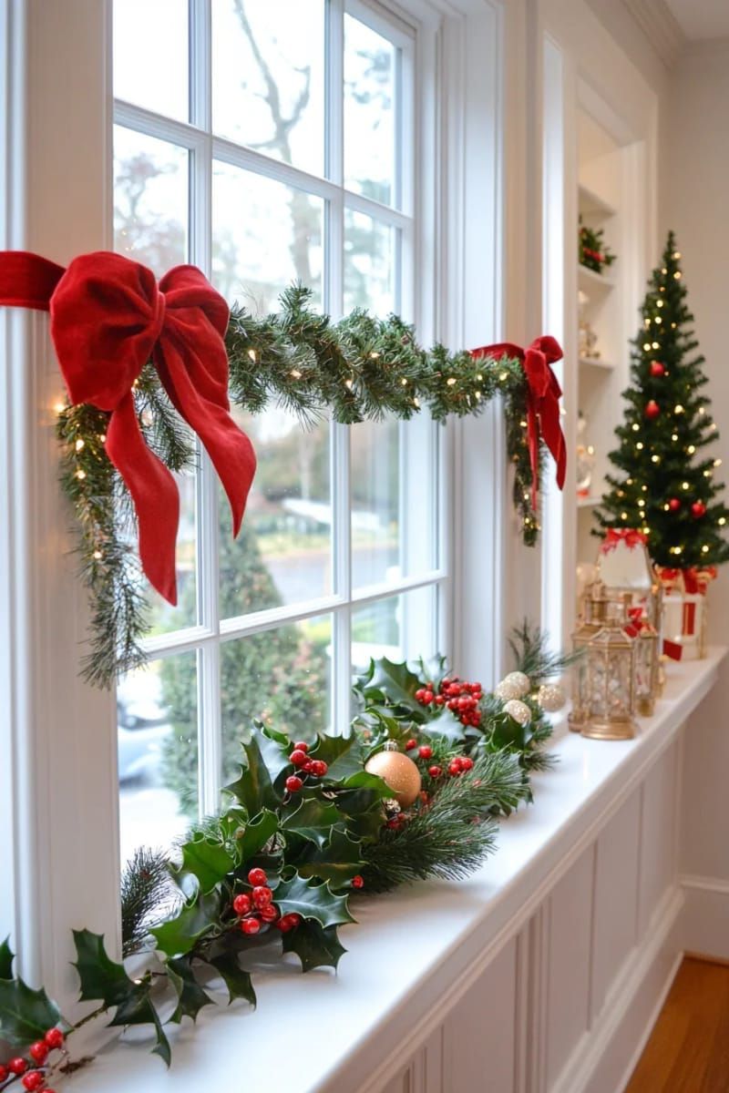 window swags of holly and ivy tied with red velvet 1