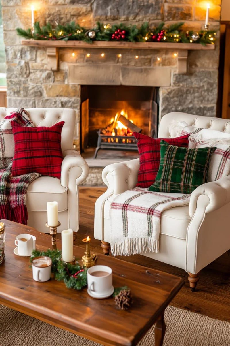classic tartan plaid throw pillows and blankets on cozy armchairs 1