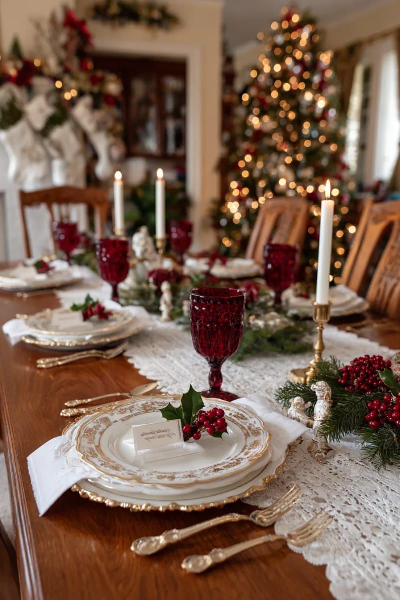 victorian-inspired place settings with cranberry glassware 1