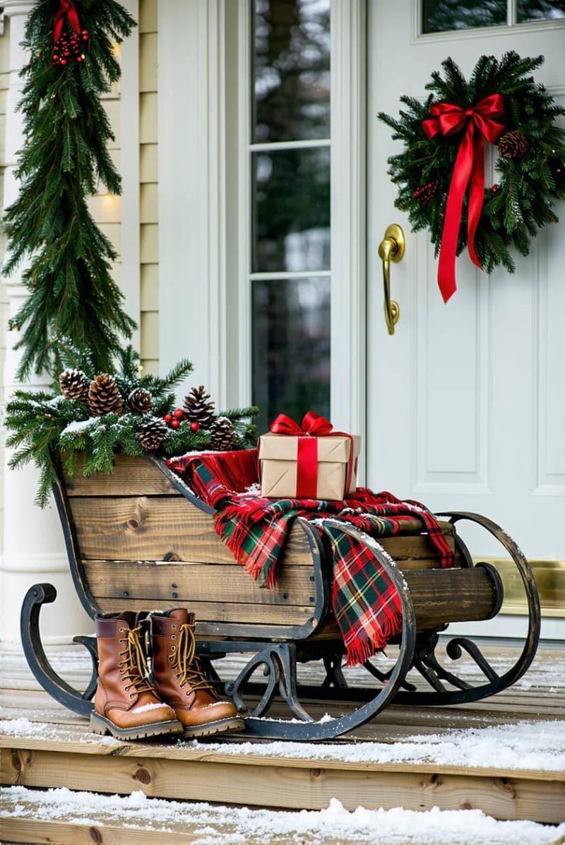 antique sleigh with plaid blankets and pine branches on the porch 1