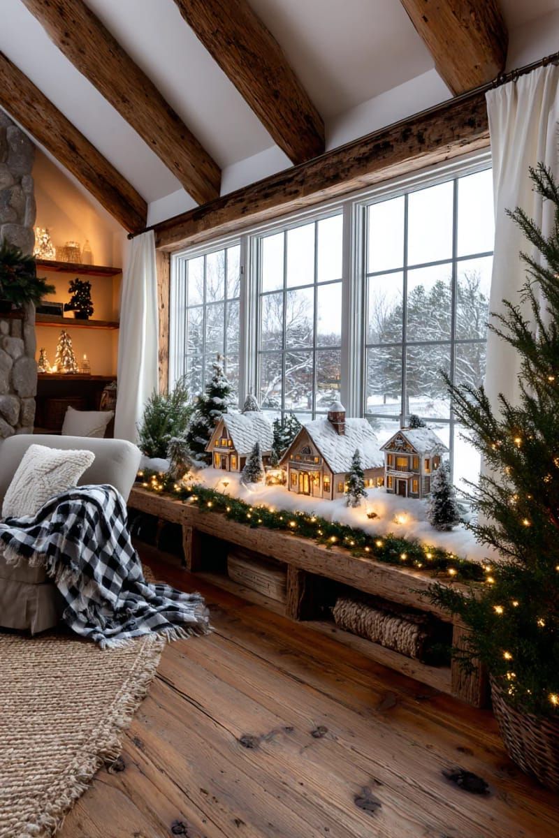 festive window sill village scene with glowing tea lights 1