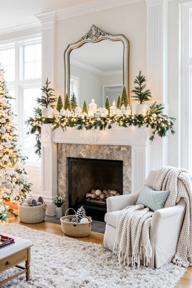 white houses and tiny green trees lining a cozy fireplace mantel 1