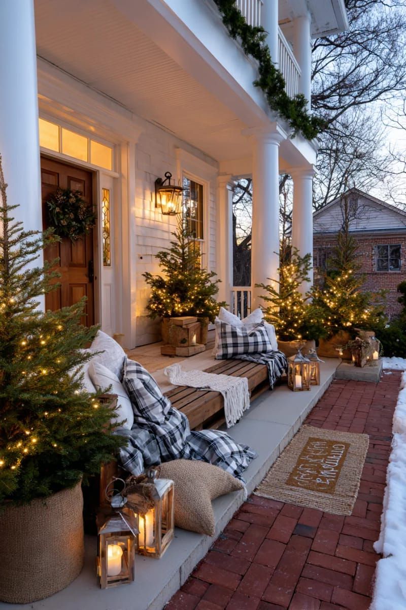 small potted christmas trees with burlap bases for a charming entryway 1