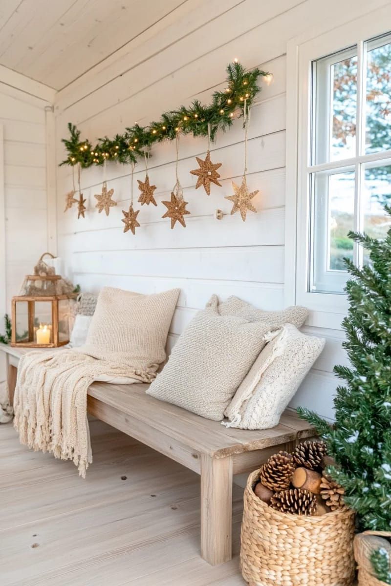 scandinavian-inspired garland of wooden beads and pinecones on the wall 1