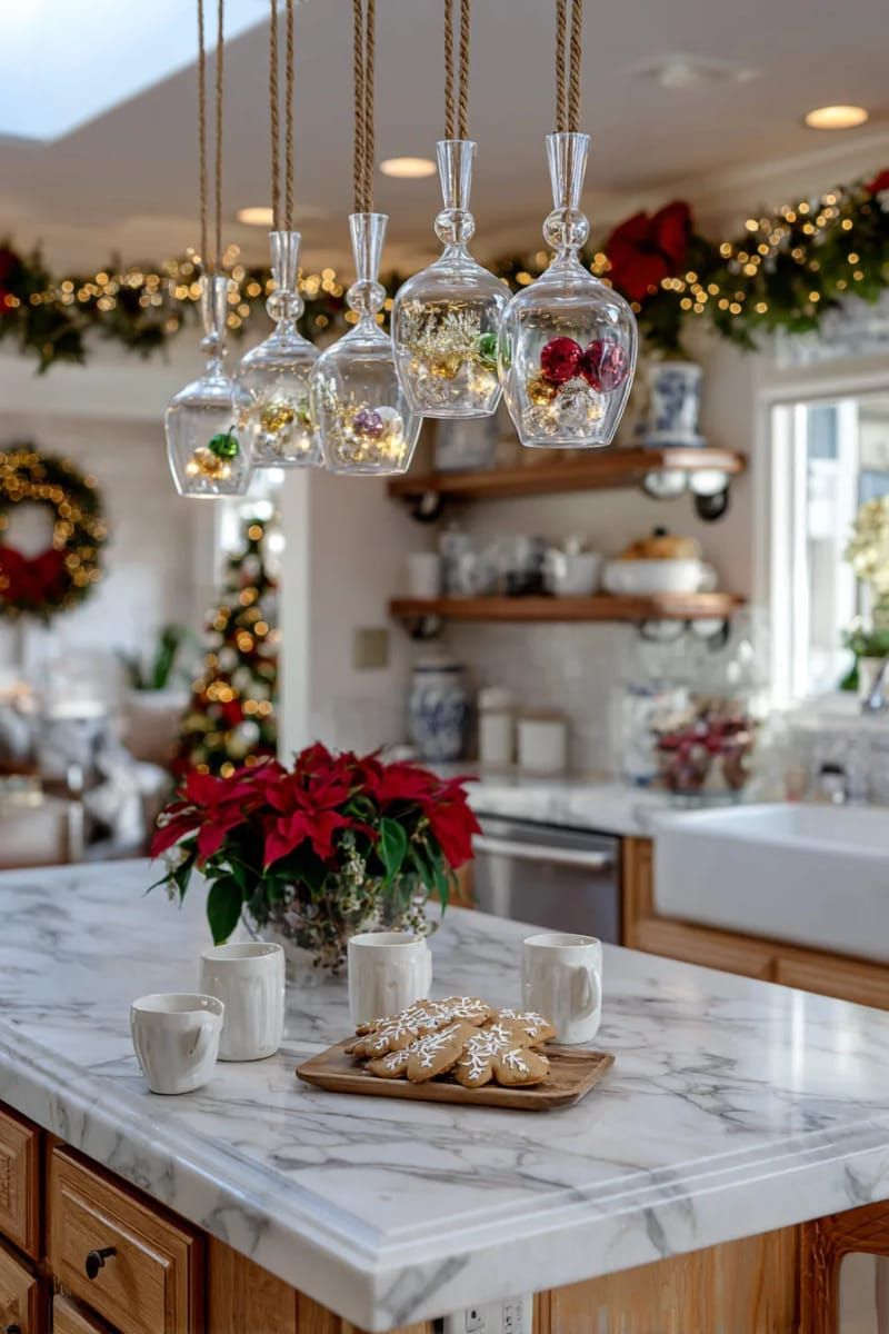 suspended upside-down wine glasses filled with ornaments and candles 1