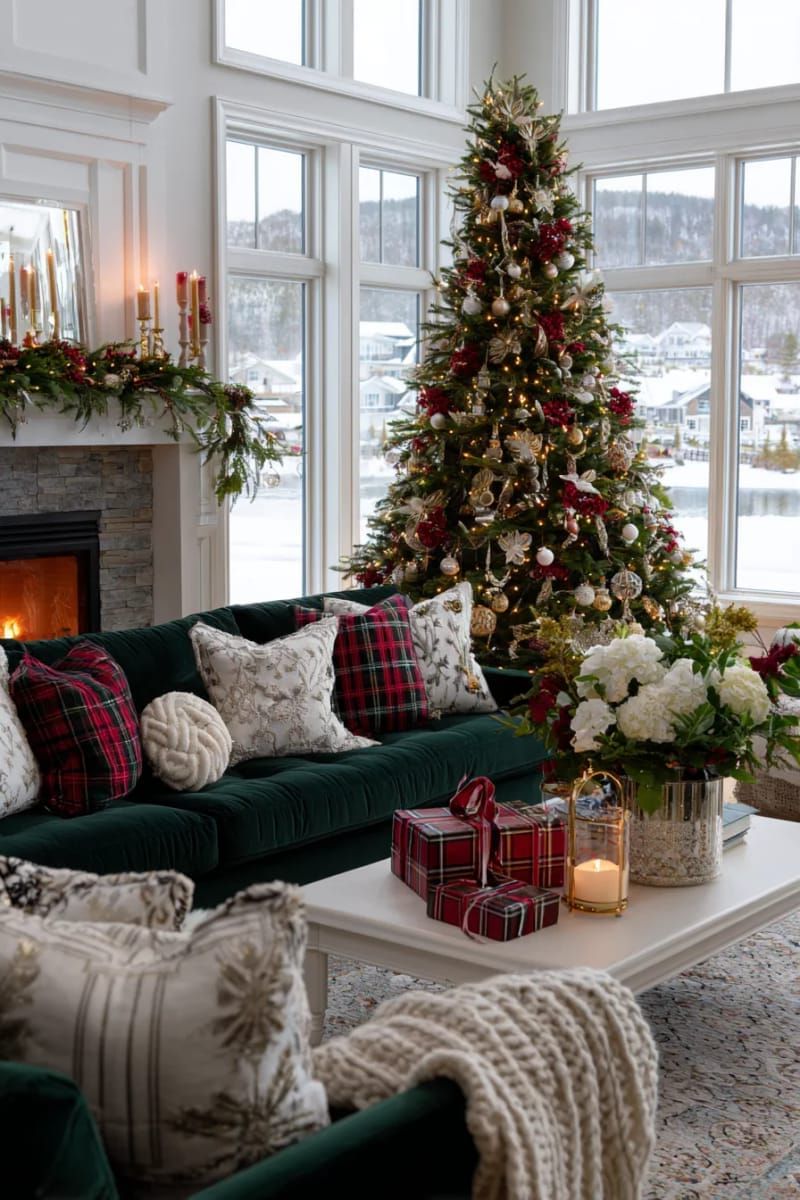 classic red and gold christmas tree with plaid ribbon and vintage baubles 1