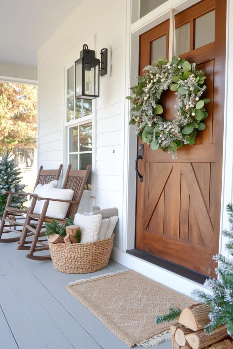 modern neutral wreath with eucalyptus, pine, and white berries on front door 1