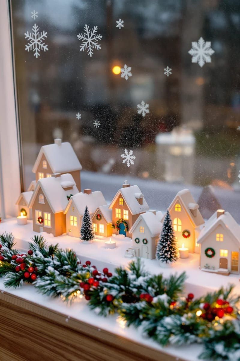 festive window sill village scene with glowing tea lights 1