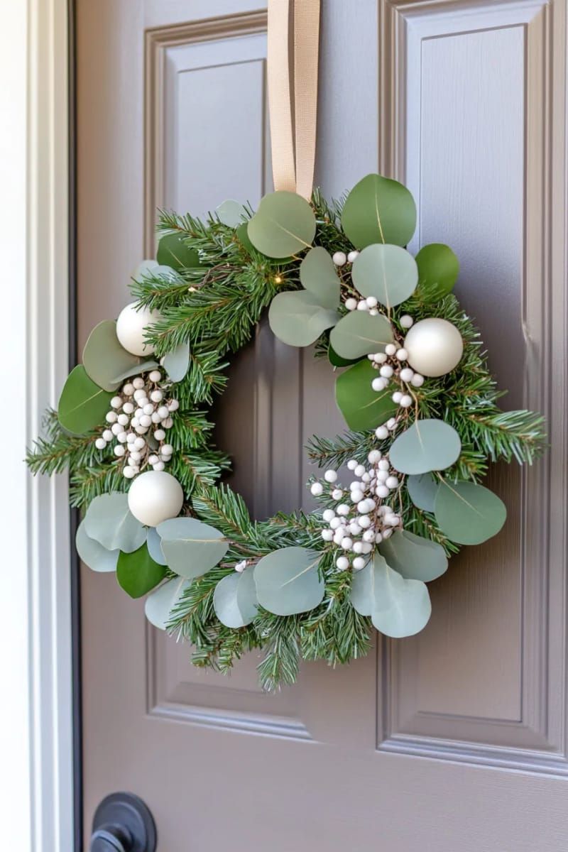 modern neutral wreath with eucalyptus, pine, and white berries on front door 1