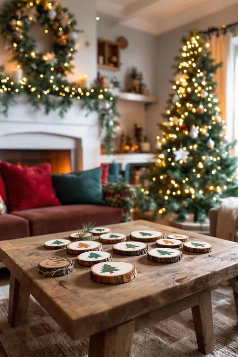 natural wood slice coasters with painted christmas tree motifs 1