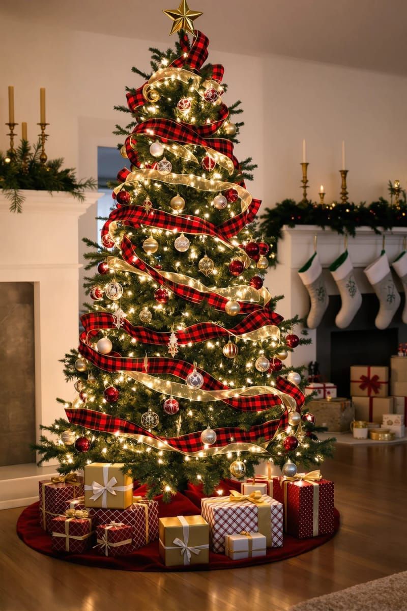 classic red and gold christmas tree with plaid ribbon and vintage baubles 1