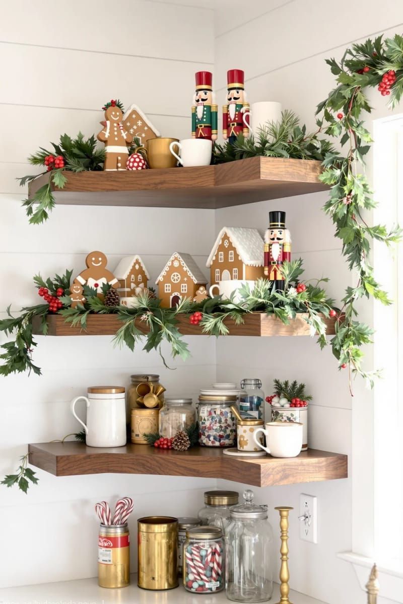 farmhouse kitchen shelves styled with nutcrackers, gingerbread, and greenery 1