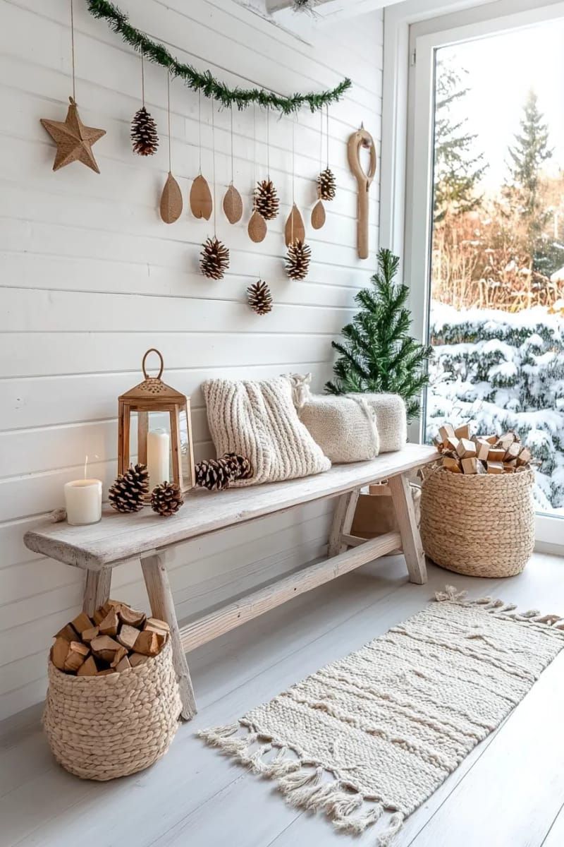 scandinavian-inspired garland of wooden beads and pinecones on the wall 1