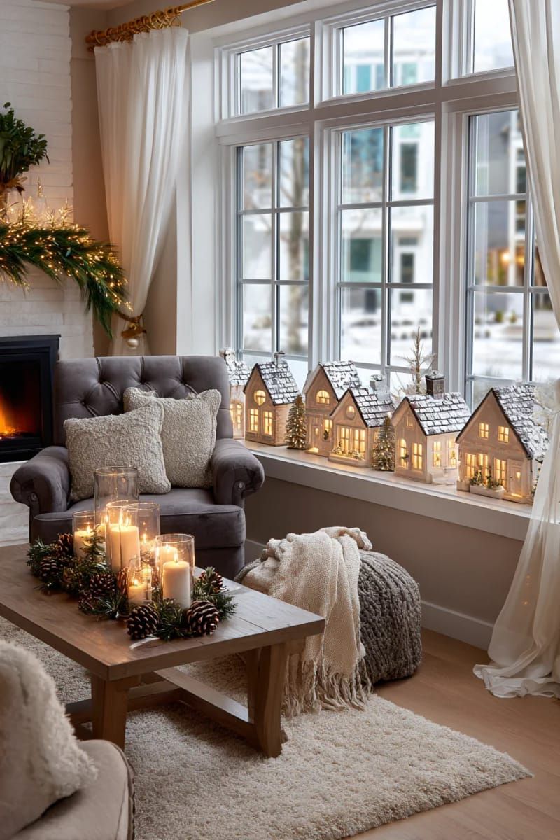 mini ceramic christmas village glowing on windowsill with twinkle lights 1
