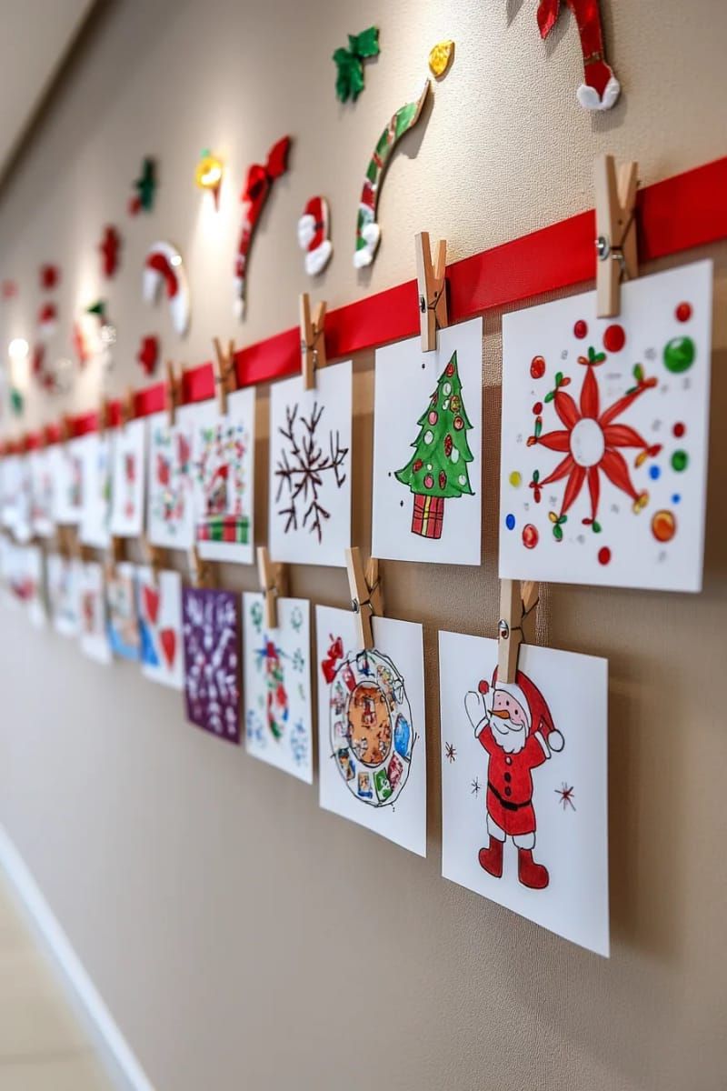 christmas card display using red ribbon and mini clothespins on wall 1
