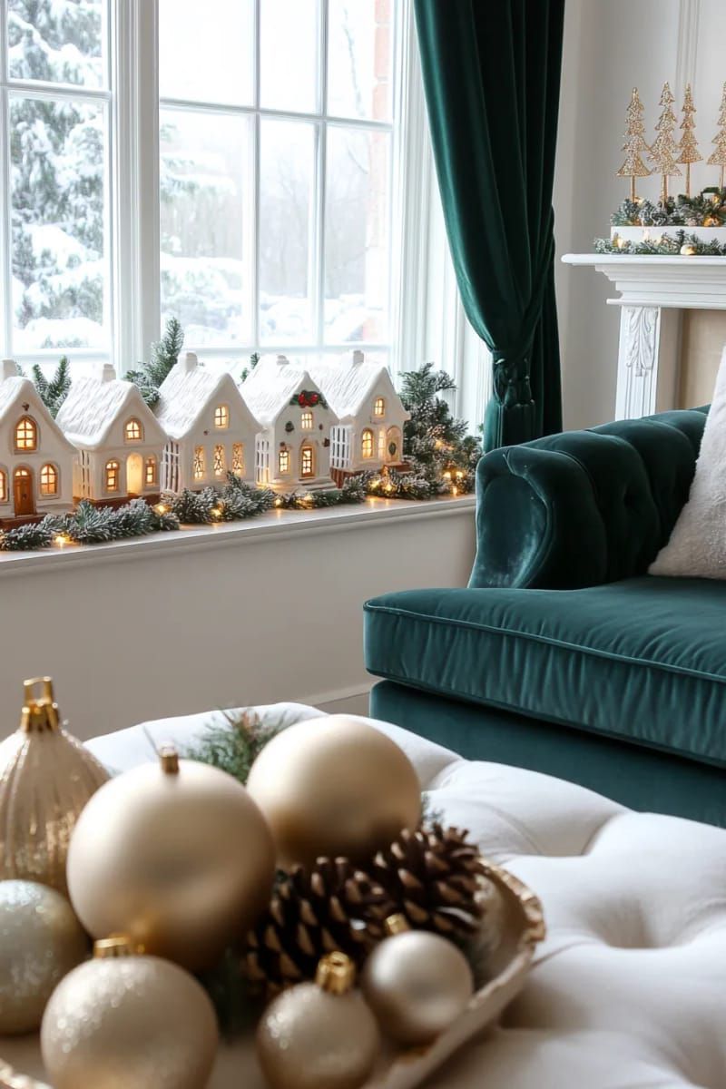 mini ceramic christmas village glowing on windowsill with twinkle lights 1